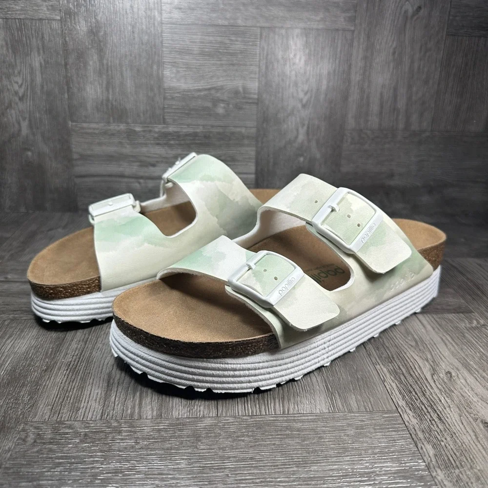 Papillio Arizona Platform Sandals Womens 8 Green Watercolor Vegan NEW